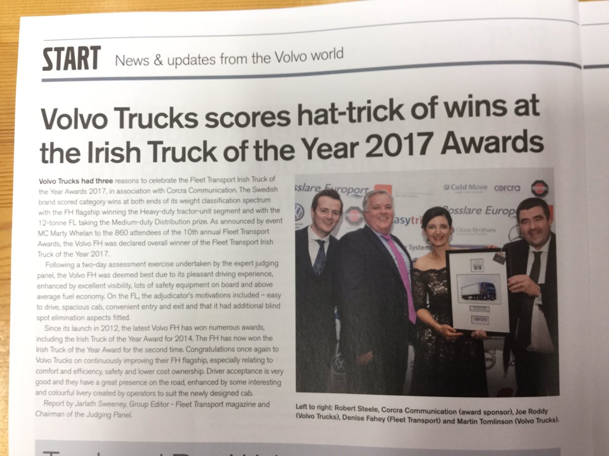 fleettransport's tweet photo. Prominent feature on @VolvoTrucksUK success in #IrishTruckoftheYear17 awards in it's #InsideLine mag @CorcraIRE @CreweNorth @volvotrucksMT https://t.co/FIH2ql9Jb4