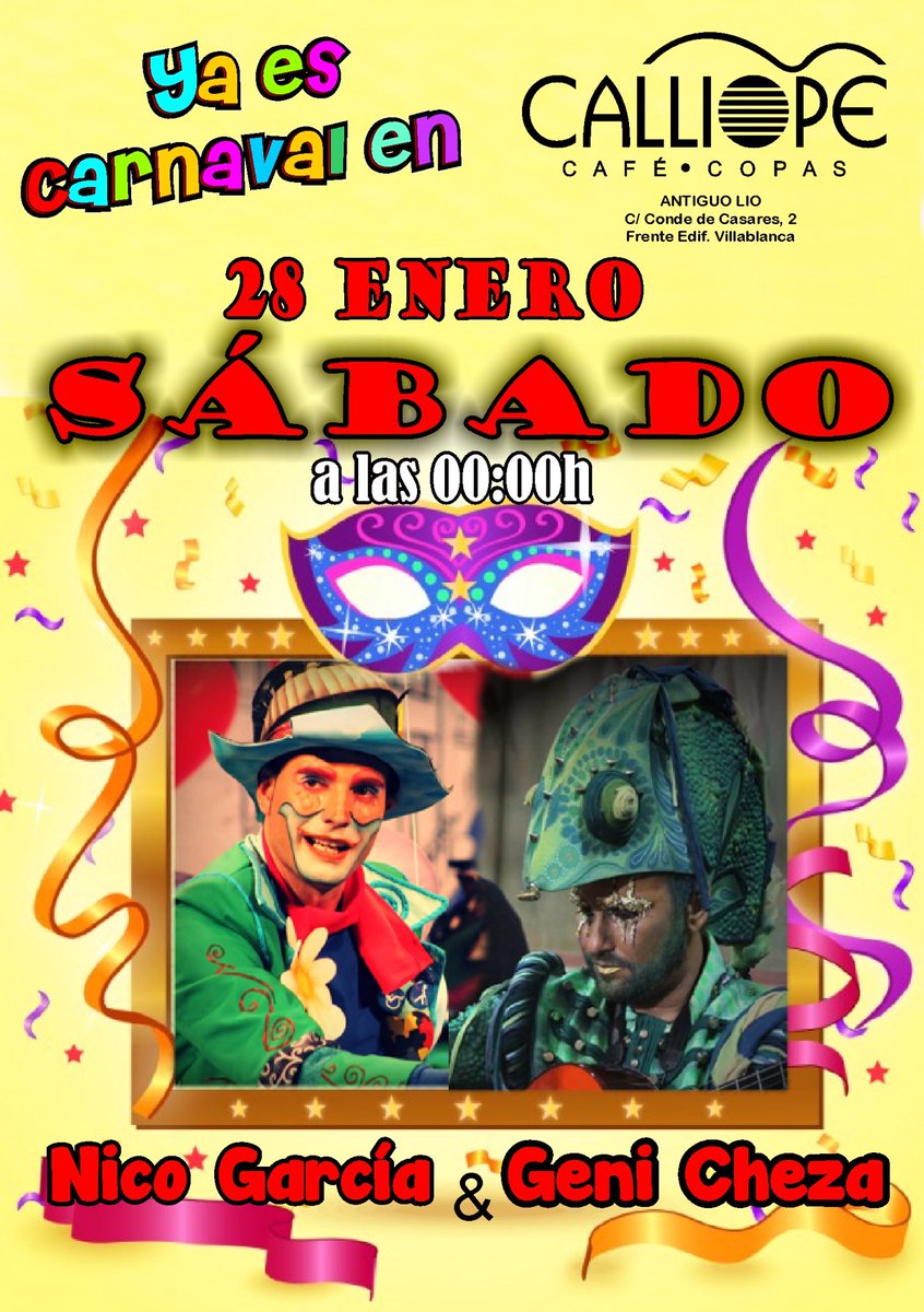 CalliopeCopas's tweet photo. Este SABADO dos grandes del carnaval gaditano estarán en CALLIOPE!!! NICO GARCIA Y GENI CHEZA. A partir de las 12 de la noche te esperamos! https://t.co/ZsaGFsjgsE