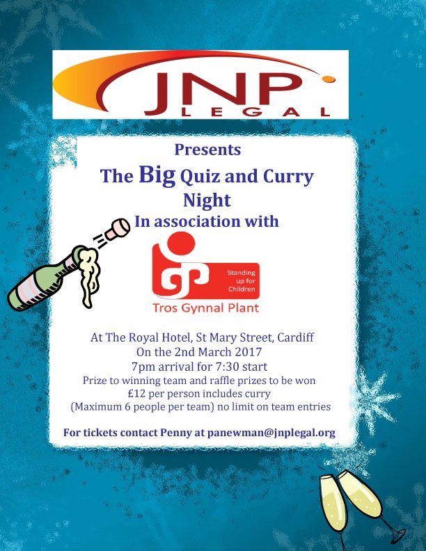 KarenJoWales's tweet photo. Book your place at the Big Quiz and Curry Night for @TrosGynnal at @TheRoyalCardiff on 2nd March thanks to @JNPLEGAL #standingupforchildren https://t.co/hkFX3a93gE