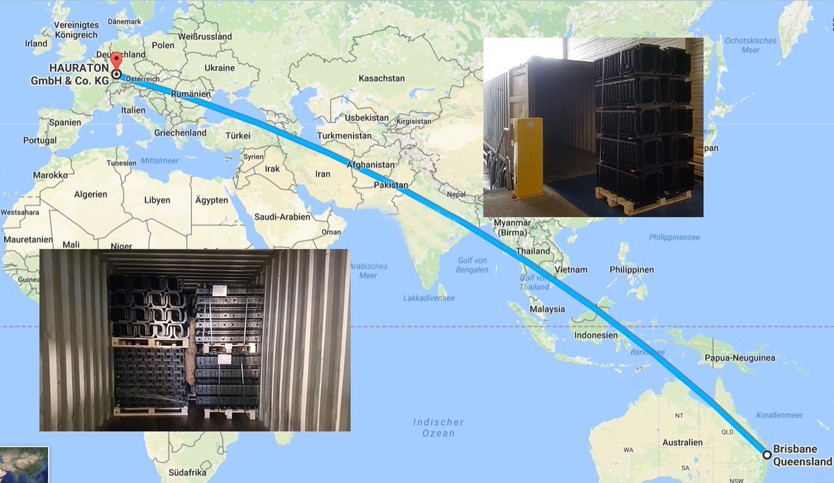 HAURATON_eu's tweet photo. 16,000km between Brisbane &amp; HAURATON Germany! A container with 600m of #RECYFIX #drainage channels is on a 6-week journey to Australia. https://t.co/x1bUhwy6kF