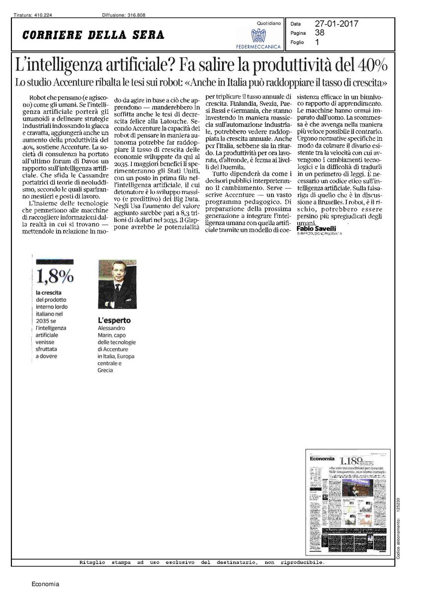 Federmeccanica's tweet photo. #intelligenzaArtificiale "+40% produttività,+1,8% PIL italiano nel 2035 se sfruttata&amp;regolamentata a dovere" @Accentureitalia via @Corriere https://t.co/PPgzaTIZwT