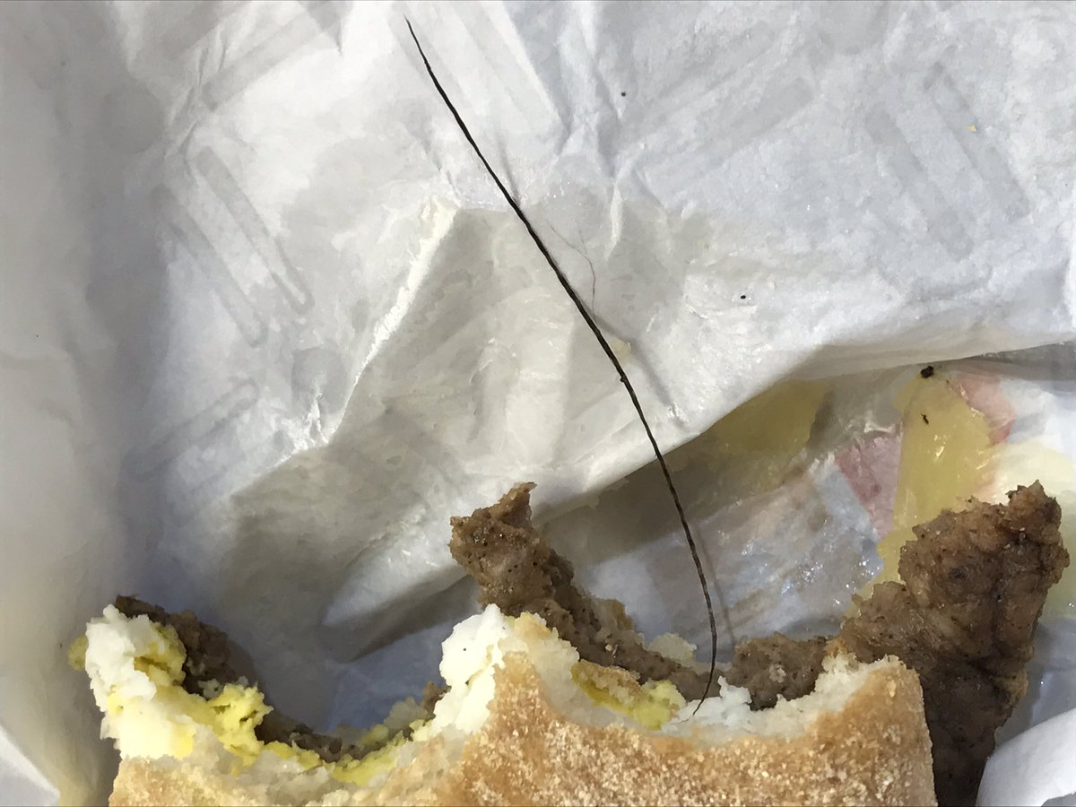 carolinevilla's tweet photo. Found this in my breakfast sandwich after eating half of it 🤢🤔 @DunkinDonuts WHAT IS THIS #isitweave #isitfood #isitgarbage https://t.co/HfXp7pLYwR