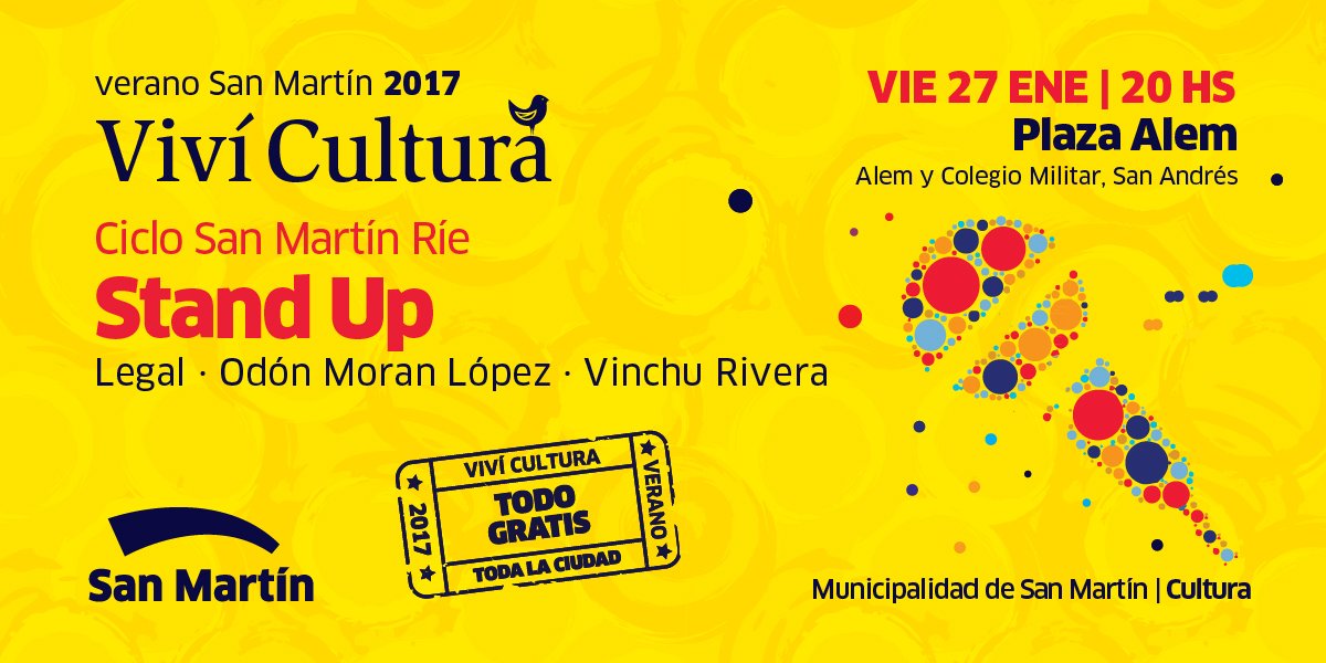 El viernes 27, a las 20 hs, no te pierdas a @Legalstandup, <a href="/MoranOdon/">Odon Moran Lopez</a> y <a href="/VinchuRiveraok/">Vinchu Rivera</a> en el ciclo San Martín Ríe Stand Up.
¡Te esperamos!