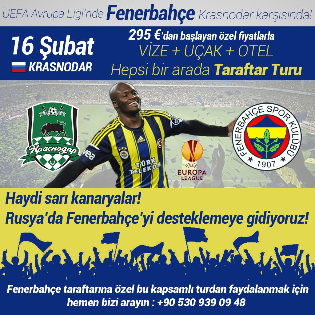 VizeAdresim's tweet photo. FENERBAHÇE, Krasnodar FK karşısında. Rusya'da desteklemeye var mısınız? Hemen arayın taraftar turuna siz de katılın! +90 530 939 09 48 https://t.co/yEYkI8QuJu
