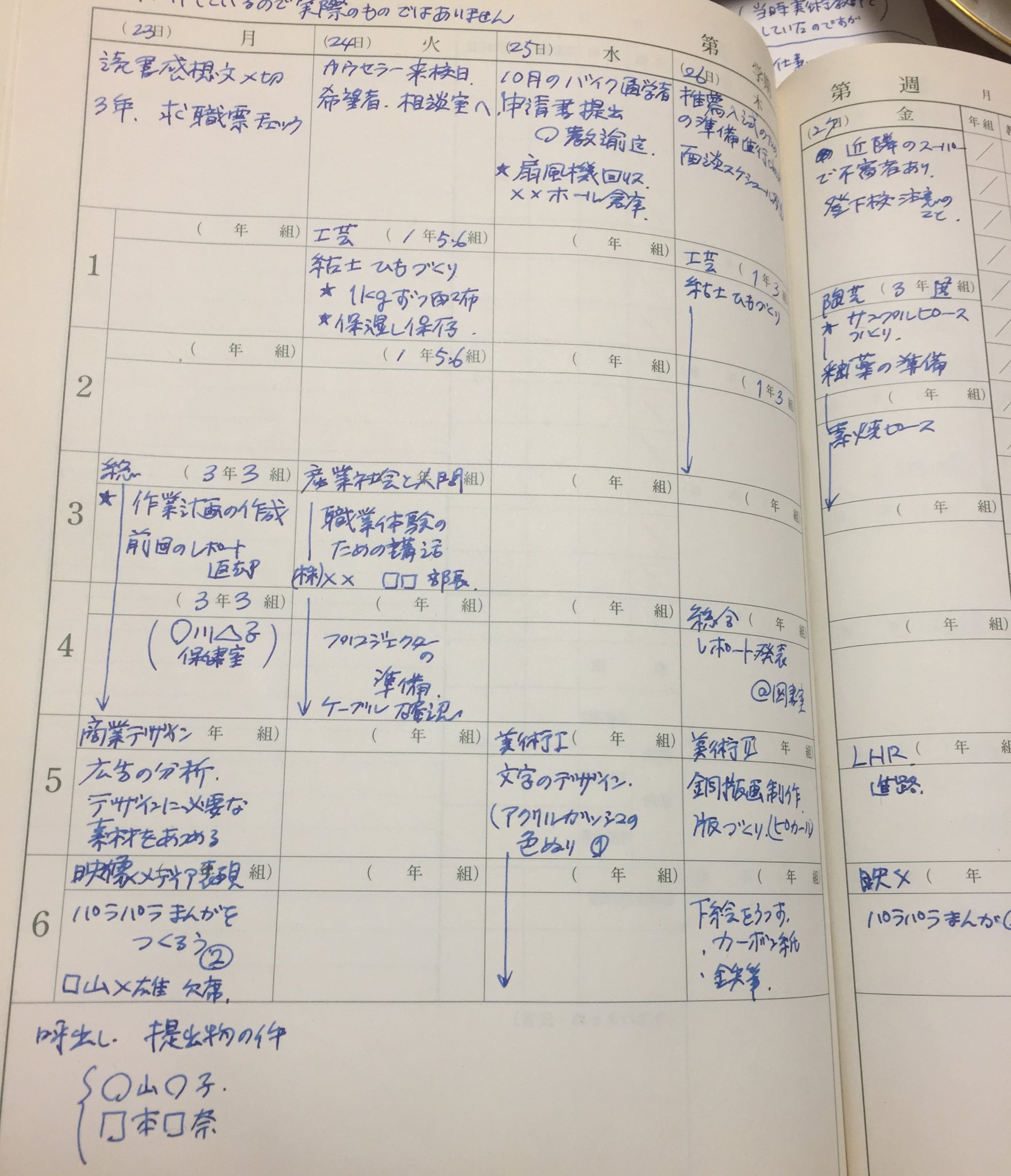 手帳とノートと過ごす12ヶ月 にょろろの忙しめの勤務だった頃のお仕事ノート これにバーチカルタイプの学校業務用のノート を組み合わせてコマ数の管理をして居ました 当時の時間割を再現していますが架空の内容です 仕事ノート テチョカツ