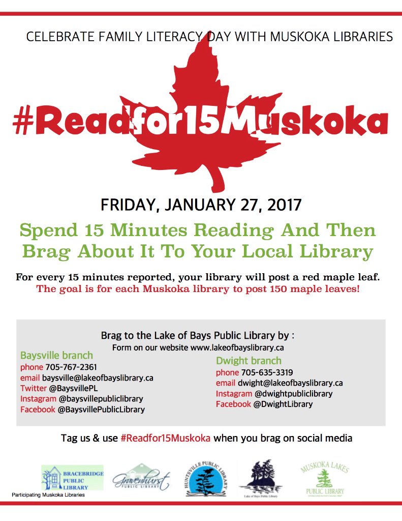 LakeofBaysTwp's tweet photo. Remember to #Readfor15Muskoka and brag to your local library today! #DwightLibrary @BaysvillePL https://t.co/oW4noAL3XS