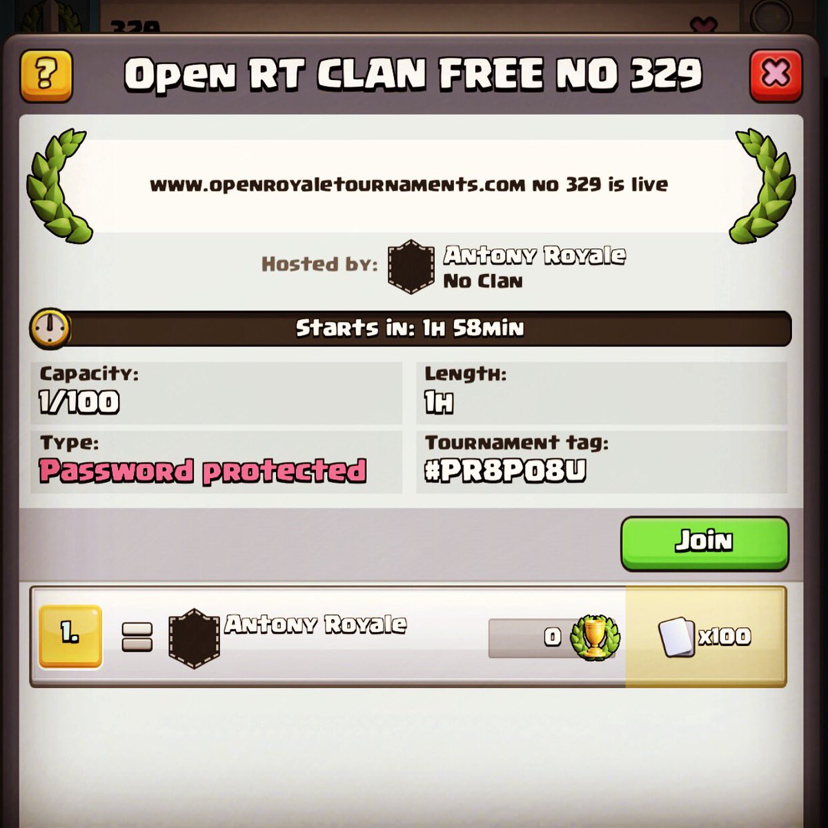 No 329 is live on openroyaletournaments.com you can find easily new tournaments and the passwords #openroyaletournaments #clashroyale