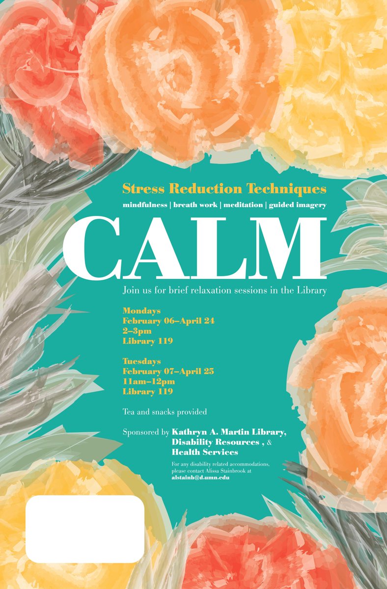 Join us for 'CALM' sessions starting Feb. 6th in the <a href="/UMDLibrary/">Kathryn A. Martin Library 📚</a> Hosted by <a href="/UMDHealthServ/">UMD Health Services</a> and <a href="/UMD_DR/">Disability Resources</a> We can't wait to see you!