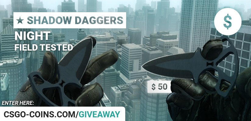 EarnCoinsGG's tweet photo. GIVEAWAY!

Enter for a chance to win Shadow Daggers!

Enter here: https://t.co/b8QJNGKE2c

Good luck! https://t.co/ABjukUi7g7