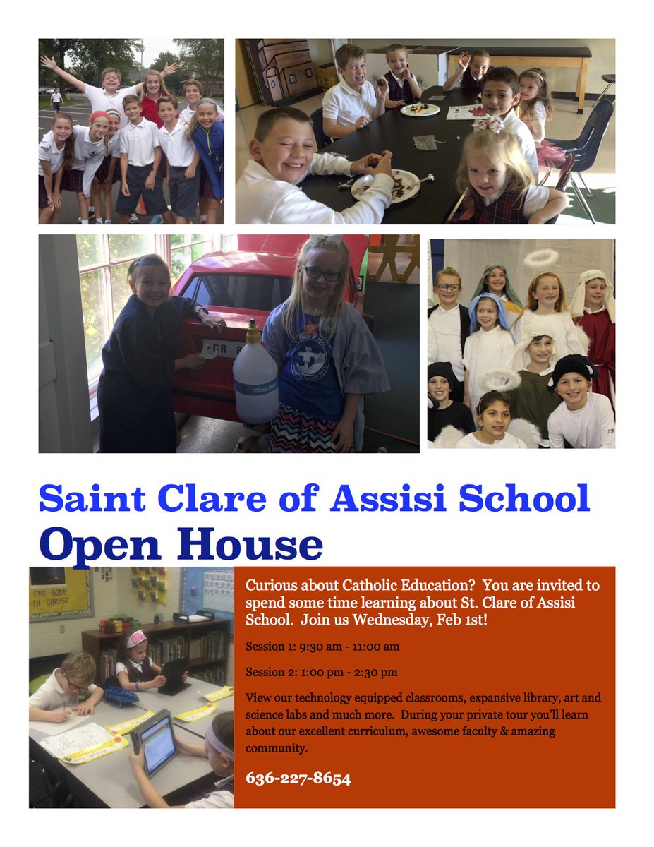 StClareAssisi1's tweet photo. Please help us spread the word, we'd love to share the achievements and accomplishments at SCA School!  Open House next Wed. https://t.co/JVK4ztICQq