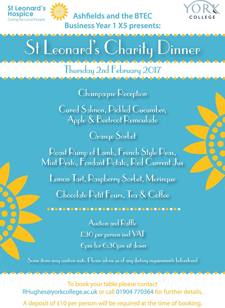 Tickets selling fast for <a href="/SLHYork/">St Leonard's Hospice</a> and Ashfields Restaurants charity dinner. Thursday 2nd February, 6.00pm call 01904 770364 for tickets.