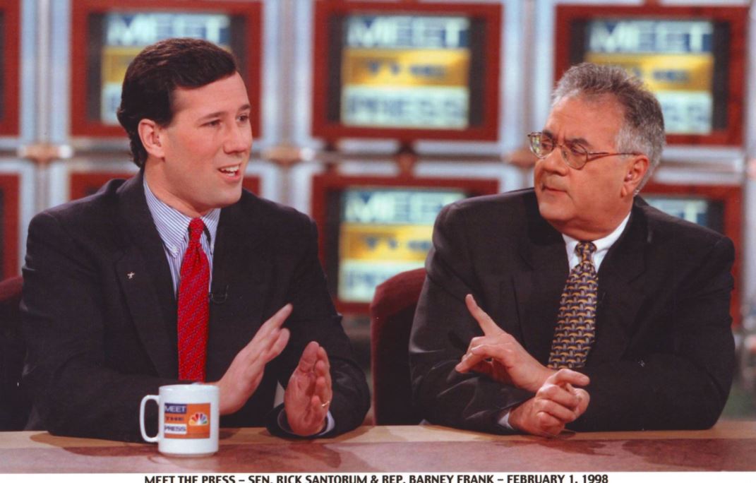 MeetThePress's tweet photo. ON THIS DAY in 1998: Sen. @RickSantorum (R-Pa.) and Rep. @BarneyFrank (D-Mass.) joined the show. #MTP70 https://t.co/DCUejsChFP