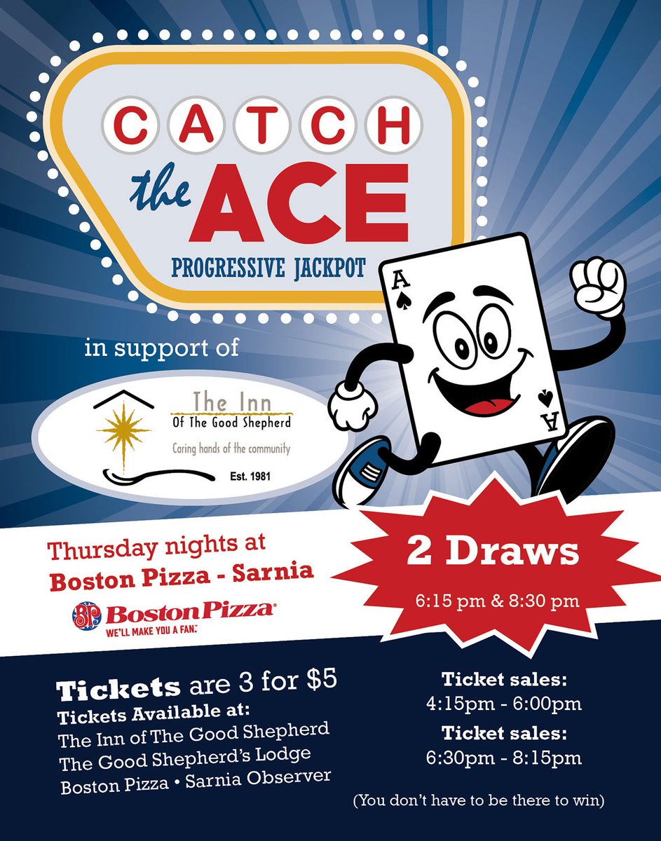 Starting this Thursday Feb 2nd at <a href="/bpsarnia/">Boston Pizza Sarnia</a>!!!!  #catch me if you can, #3for$5, #catchtheace, for <a href="/theinnsarnia/">Innofthegoodshepherd</a>