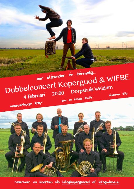 Koperguod's tweet photo. Za. 4 februari om 20.00 uur te Weidum (dorpshuis) koperensemble “@Koperguod” ism trio @WiebeKaspers. Kaarten via https://t.co/9t8nQd52CX https://t.co/D8izYVtdph