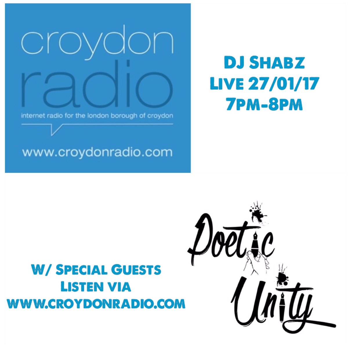 Poetic_Unity's tweet photo. From 7pm Tonight catch the 6th date of our tour as our team goes on @DJ_Shabz show on @CroydonRadio #PoeticUnityRadioTour #Date6 https://t.co/dzjnCMp6WA