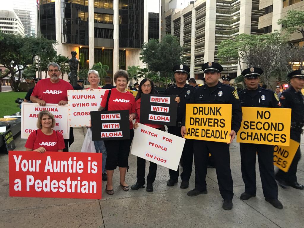 AARPHawaii's tweet photo. Joining with @honolulupolice to Save Our Streets. Drivers watch out for pedestrians! #hitraffic https://t.co/ToW9SiJwP4