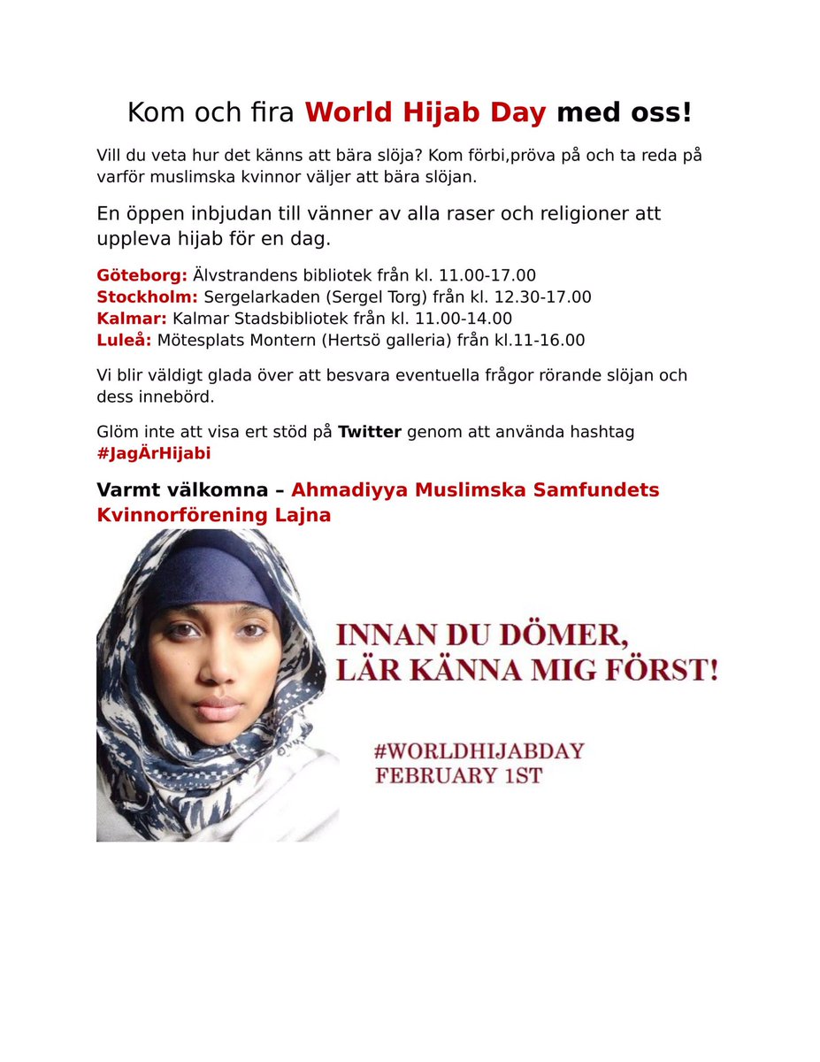 JagArHijabi's tweet photo. Kom och fira #WorldHijabDay med oss! En öppen inbjudan till vänner av alla raser och religioner att uppleva hijab för en dag #JagÄrHijabi https://t.co/csAF7apXkH
