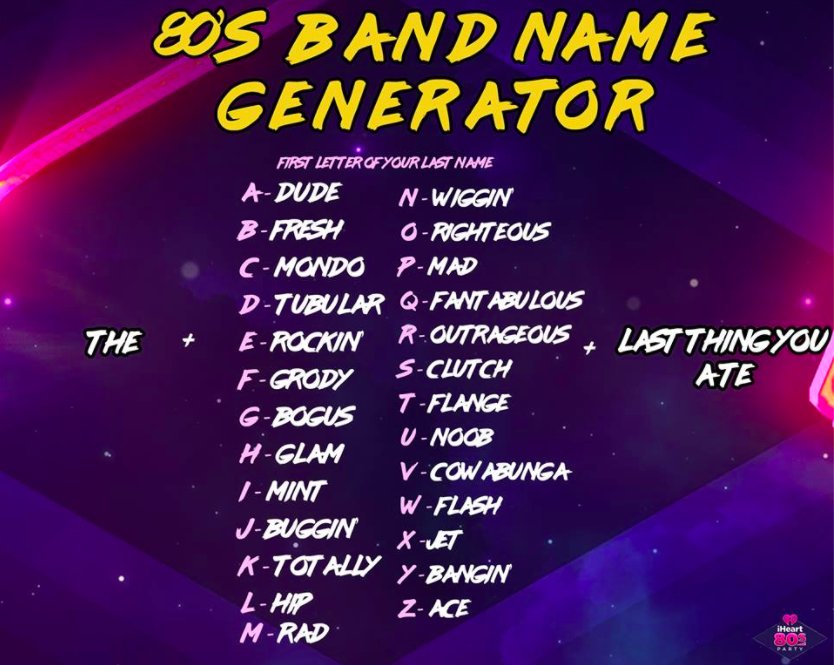 iHeartRadio Twitter: "Give our 80s band name generator a us back your band name with #iHeart80s! 🎸 https://t.co/DRazL6xxBk" / Twitter