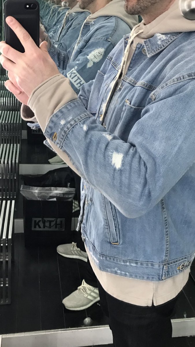 KnowsWolf's tweet photo. @RonnieFieg @KithSet #KithClassics Hawkins Destroyed Trucker looks great with #KITHxIRO hoodie #KITHlayers https://t.co/GEXdFXad6i
