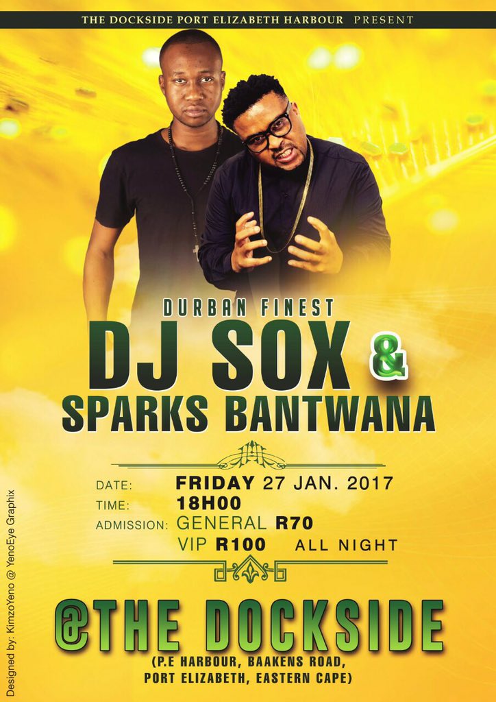 DJSOXsa's tweet photo. P.E what's good!!!! Tonight catch me at THE DOCKSIDE with my boy @sparksbantwana !!!!

#TheeFinestGigGuide https://t.co/0XWxUw62LY