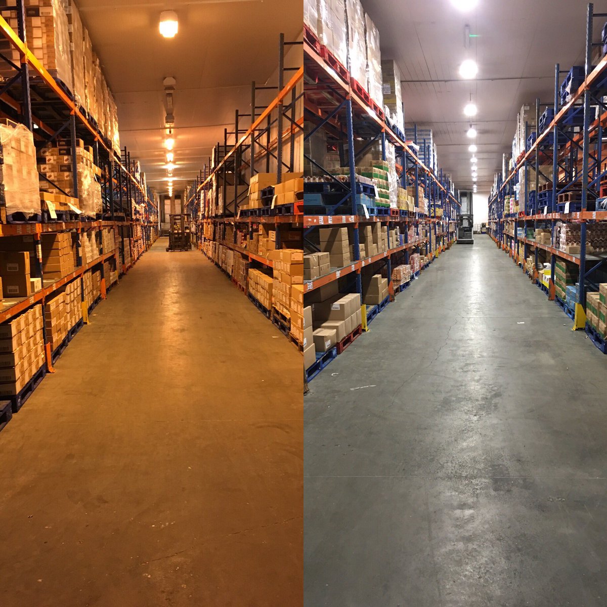 ClintonElectric's tweet photo. Left are 250 Watt SON lights which we have replaced for 90 Watt LED lights that's a 64% reduction in energy. https://t.co/zXsdpYYegw