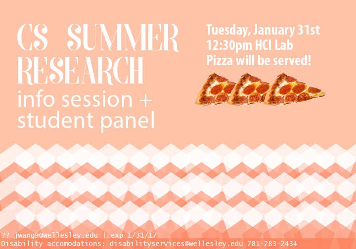 Wellesley HCI (@wellesleyhci) on Twitter photo TUE @ 12:30pm in HCI Lab:
1. learn about <a href="/WellesleyCS/">Wellesley CS</a> summer research opportunities
2. Q&A w/ student researchers from last summer
3. PIZZA! TUE @ 12:30pm in HCI Lab:
1. learn about <a href="/WellesleyCS/">Wellesley CS</a> summer research opportunities
2. Q&A w/ student researchers from last summer
3. PIZZA!