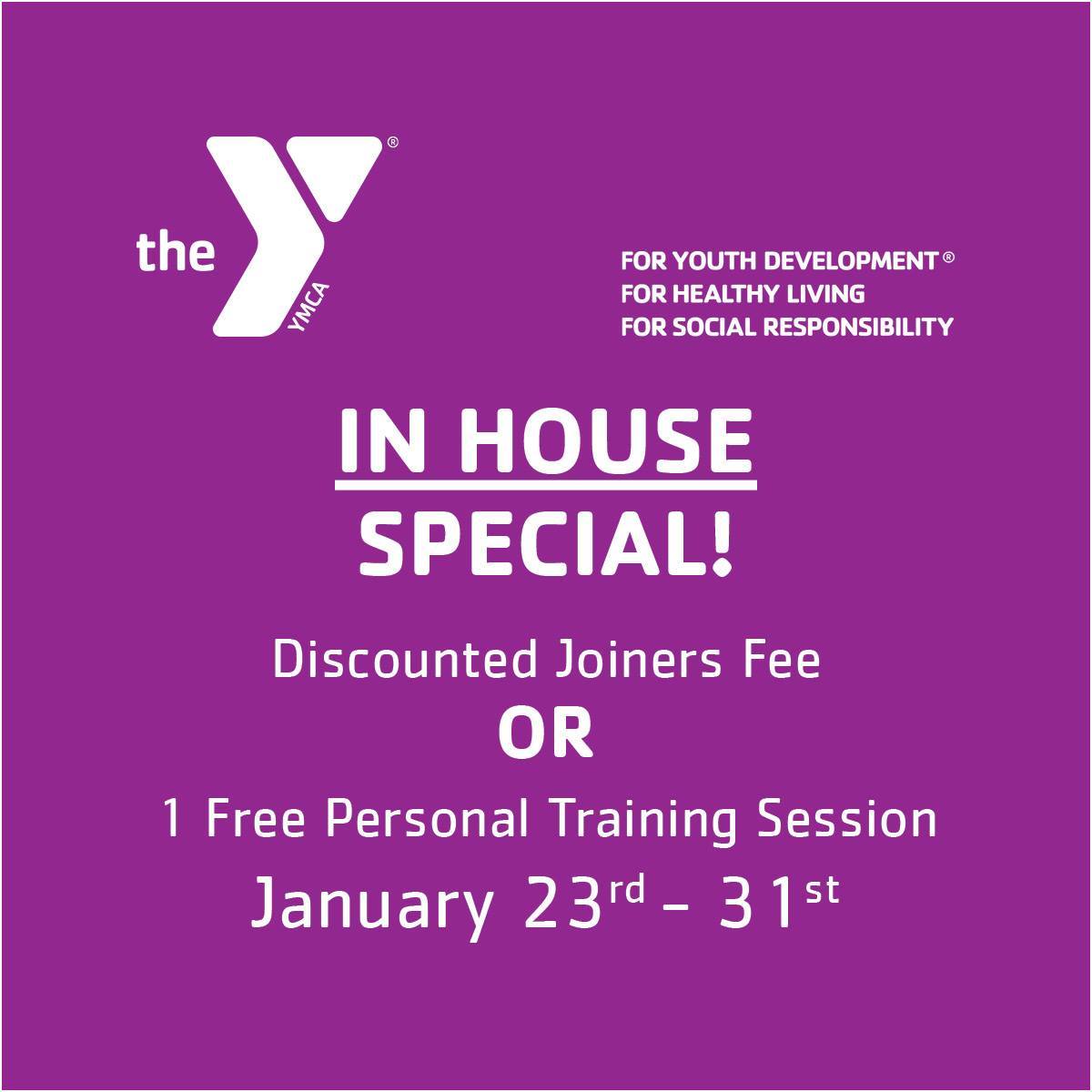 YMCASouthAL's tweet photo. Our IN-HOUSE special has the option of a discounted joiners fee of $20 for family &amp; $17 for adult OR 1 free personal training session! #ymca https://t.co/5i1lVYxtie