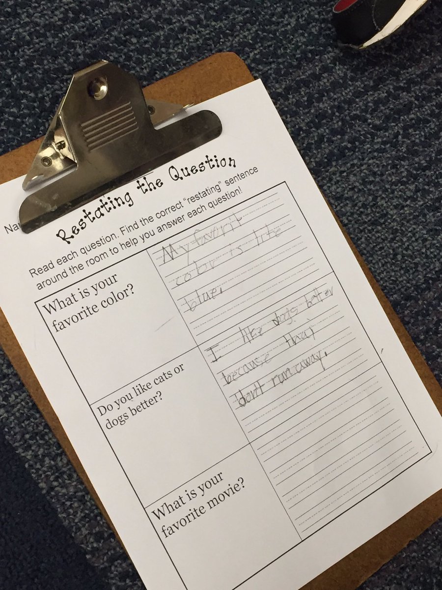 MrsJahoda's tweet photo. Searching around the room to find the correct ways to restate questions like big first graders! #restating #MWESchool https://t.co/1K1N9CSZIl