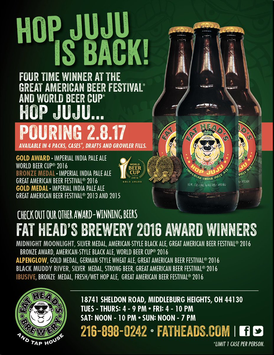 FatHeadsBeer's tweet photo. Hop Juju For You You! Starting Wed. FEB. 8TH @ 5PM 1case/person limit. #hopjuju #drinkbeermadehere #fatheadsbeer https://t.co/kzxk6tv4aM