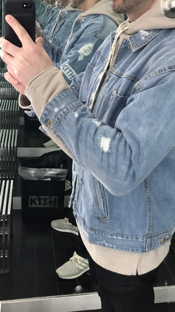 KnowsWolf's tweet photo. @RonnieFieg @KithSet #KithClassics Hawkins Destroyed Trucker looks great with #KITHxIRO hoodie #KITHlayers https://t.co/XrTRWbMH08