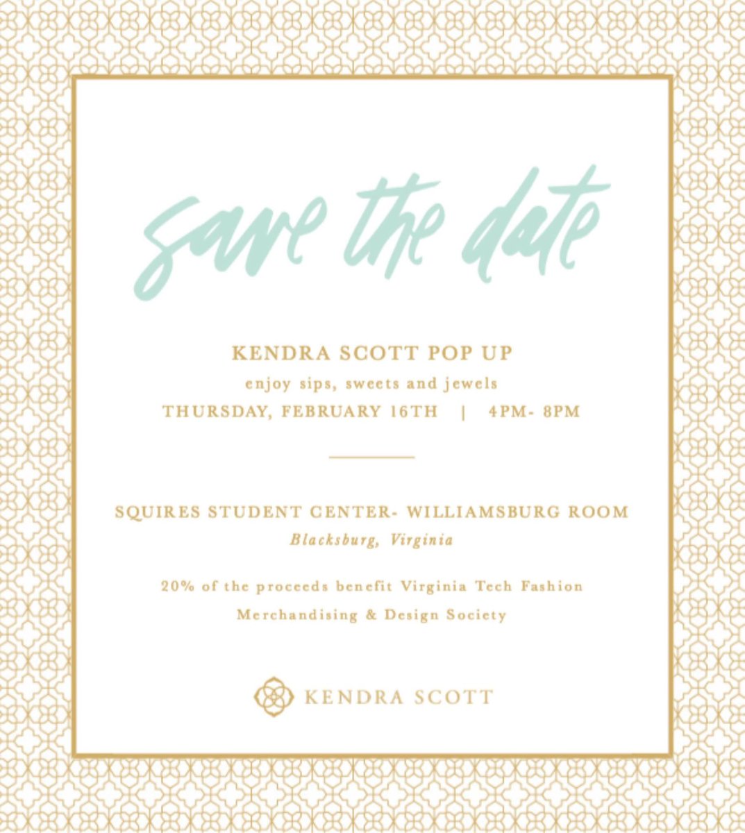 Save the date for our Kendra Scott social!! Bring along friends so you can all enjoy sips, sweets &amp; jewels. Can't wait to see you all there!