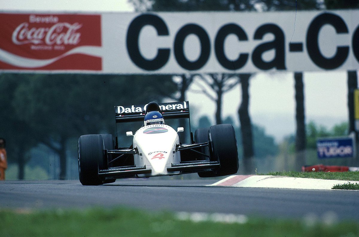 .@Ph_Streiff in Tyrrell DG016 finished 8th (1st non-turbo) at Imola. #F1 #OTD 1987 #SanMarinoGP (Photo via @CrystalRacing)