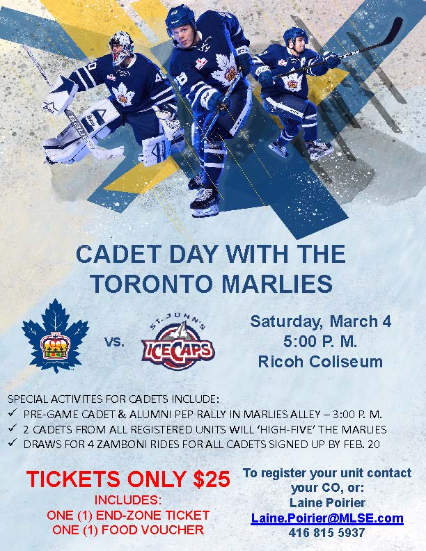 AirCadetsOPC's tweet photo. @TorontoMarlies presents '16-'17 Cadet Night.  5 PM - Sat Mar 4  '17 @RICOHColiseum.  $25/ticket!  See you there!
https://t.co/GkCUwpgDbv https://t.co/dlPZXHTXei