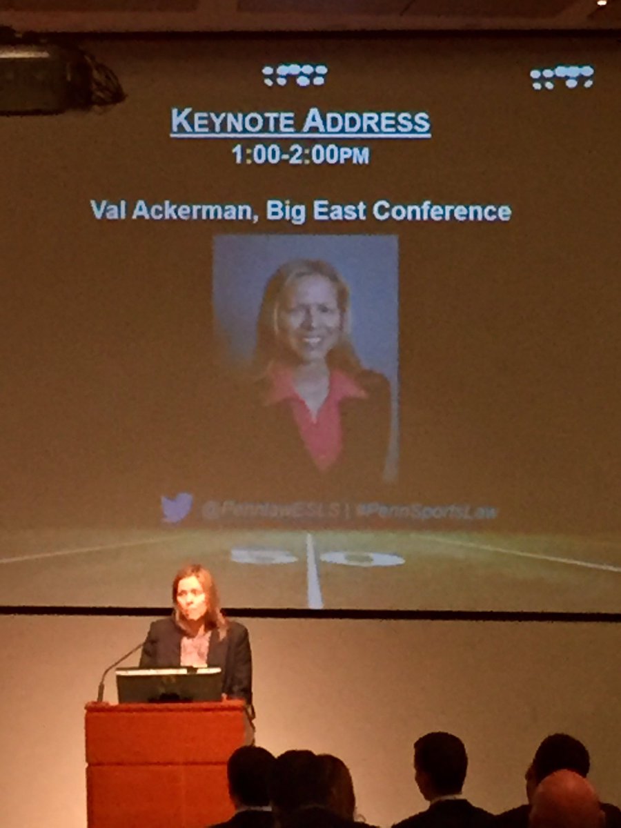 SarahHughesNY's tweet photo. Commissioner of the @BIGEAST #ValAckerman giving the keynote @PennLaw's @pennlawesls Symposium 📚⚖️ #pennlaw #pennlawlife https://t.co/xYbzsZwmST