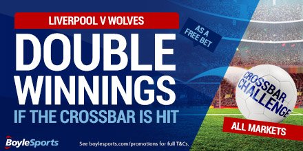 BoyleSports's tweet photo. RT &amp; REPLY! 
Predict the Correct Score in Liverpool v Wolves #LIVWOL &amp; you could win a free €/£20 bet! Use #CrossbarChallenge https://t.co/GxlondJRmC