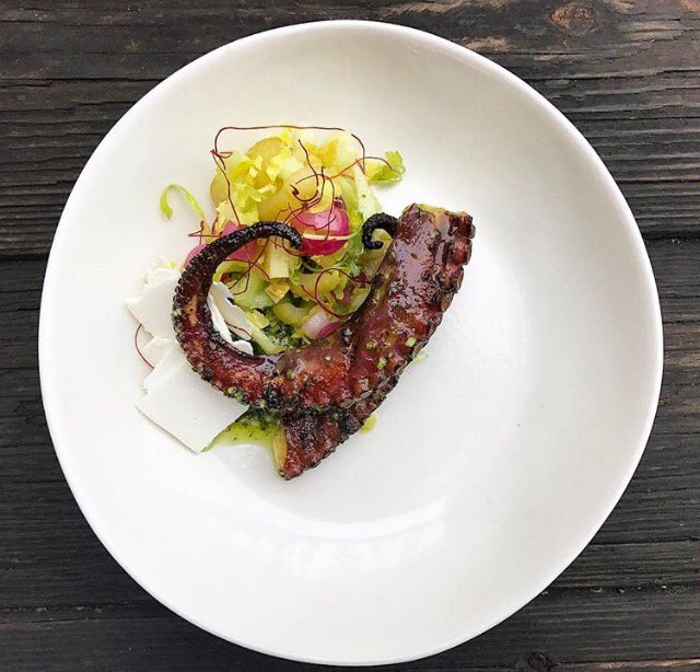 LotusFarm2Table's tweet photo. grilled octopus, raw + pickled celery, chili threads, ricotta salata, kale pesto https://t.co/9A1lqL4Mii