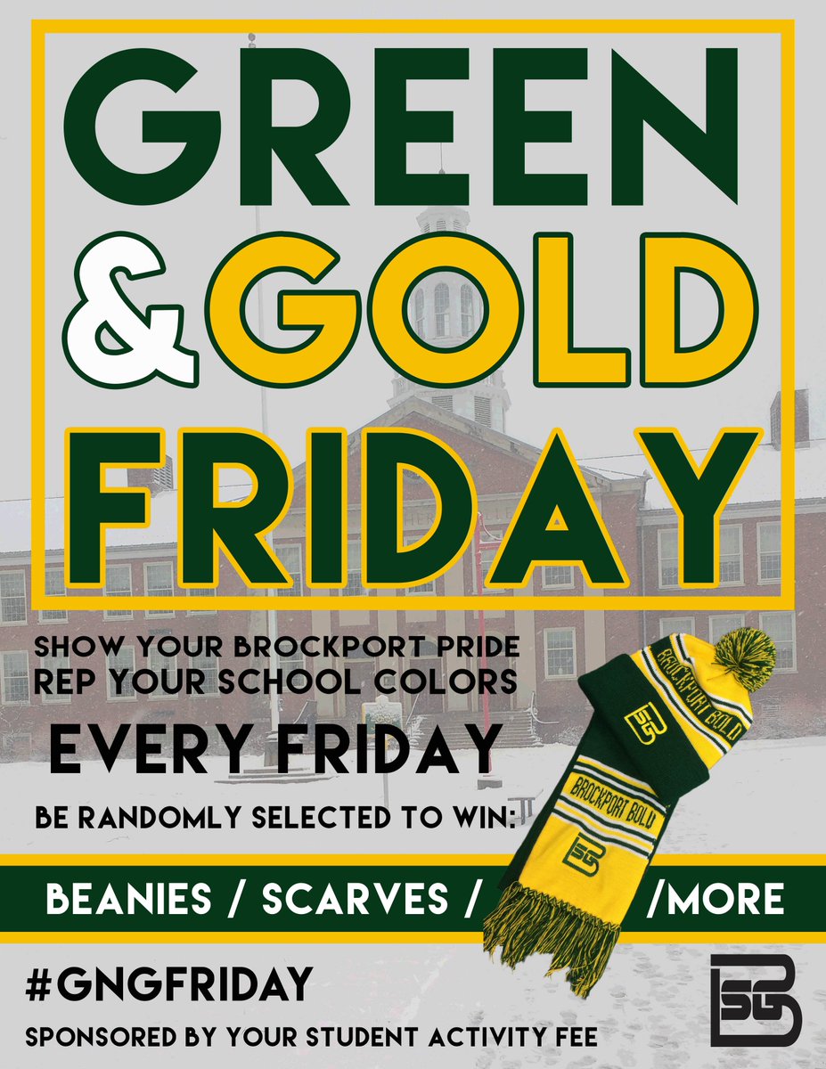 bsgbuzz's tweet photo. EVERY FRIDAY wear green and gold for a chance to get a scarf, beanie, or other promo item! You'll have to find us to get them! 👀  #GnGFriday https://t.co/icJzQHIcFv