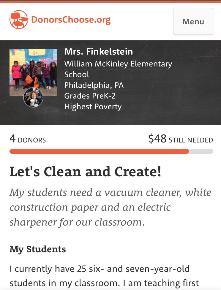 Alt_DeptofED's tweet photo. DeVos gave $200 million to Republicans and Mrs. Finkelstein can't get $48 for a vacuum, construction paper, and a pencil sharpener. https://t.co/WsNnLflWpt