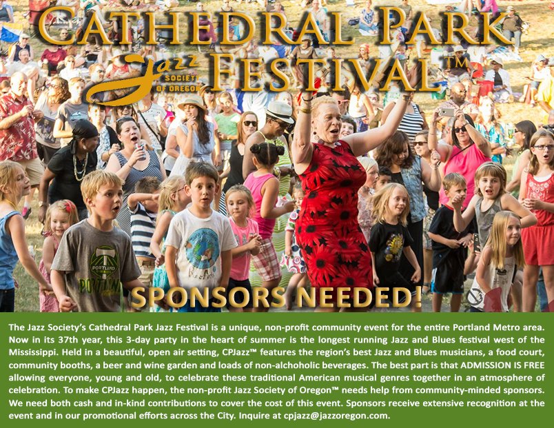 CPJAZZPDX's tweet photo. Help the Jazz Society find major sponsors for the 37th Cathedral Park Jazz Fest. Refer interested parties to sponsor@cpjazz.com.#cpjazz https://t.co/6sBkR8zwEK