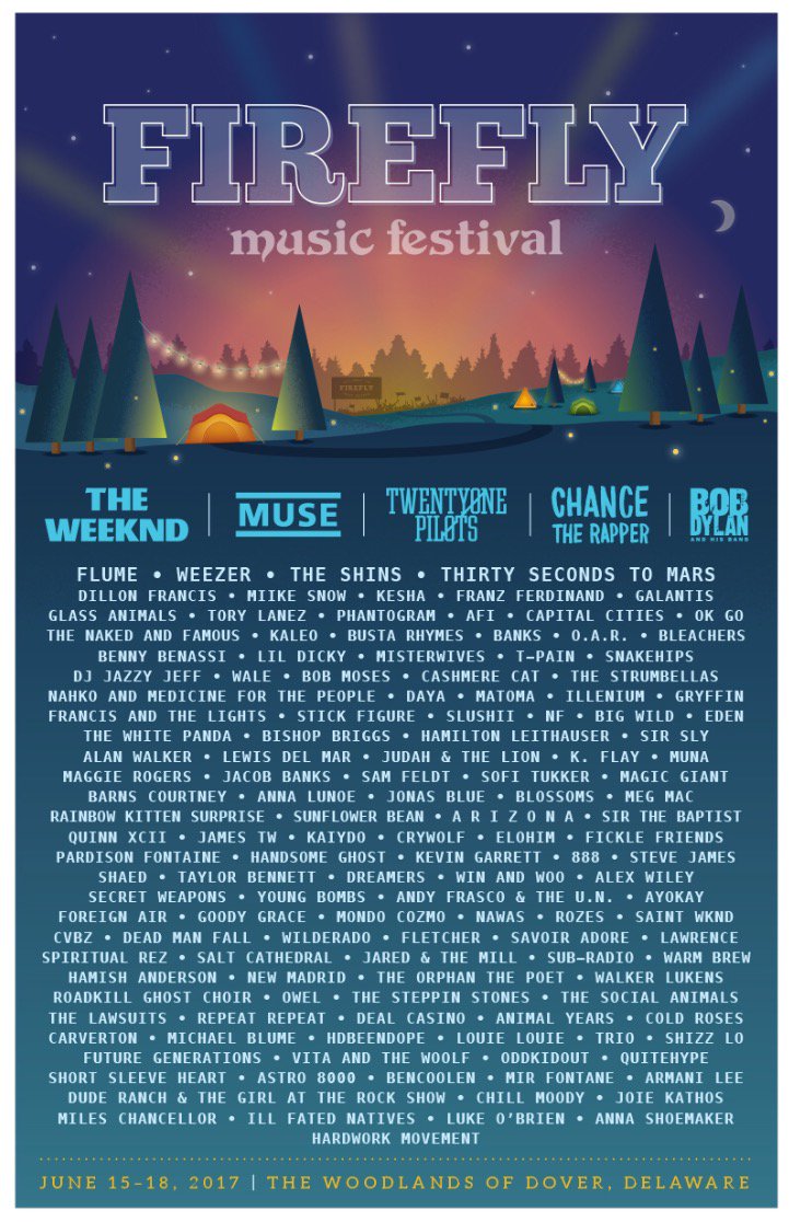 Danshermanjets's tweet photo. @LiveAtFirefly Finally released their lineup for 2017 headliners include @theweeknd @museband @21pilots @chancetherapper #BOBDYLAN thoughts?#fly https://t.co/ZXNGEEaKfT