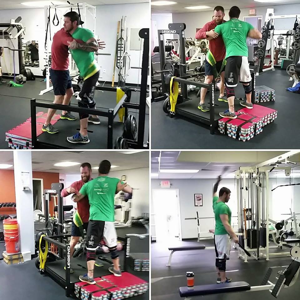 sshetler's tweet image. Two of my #bjj #athletes doing #pummeling drills in our #beltsquat - awesome #strength #training #equipment for #combat athletes. #mma #ufc