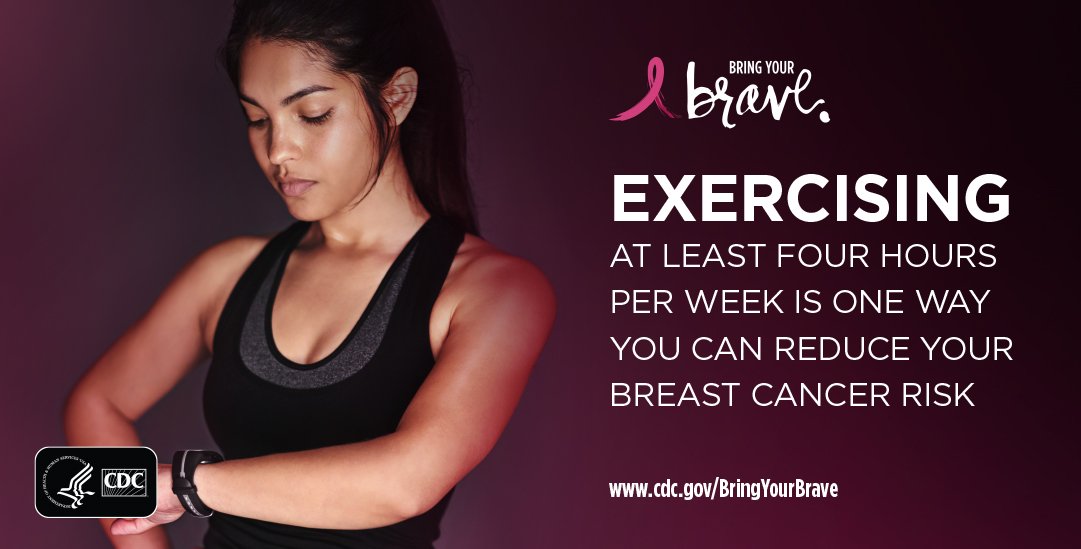 CDCgov's tweet photo. Exercising regularly is one way to help reduce your #BreastCancer risk. Take action today: https://t.co/hBL9Ni69nF #BringYourBrave https://t.co/Ptpo4uHo3k