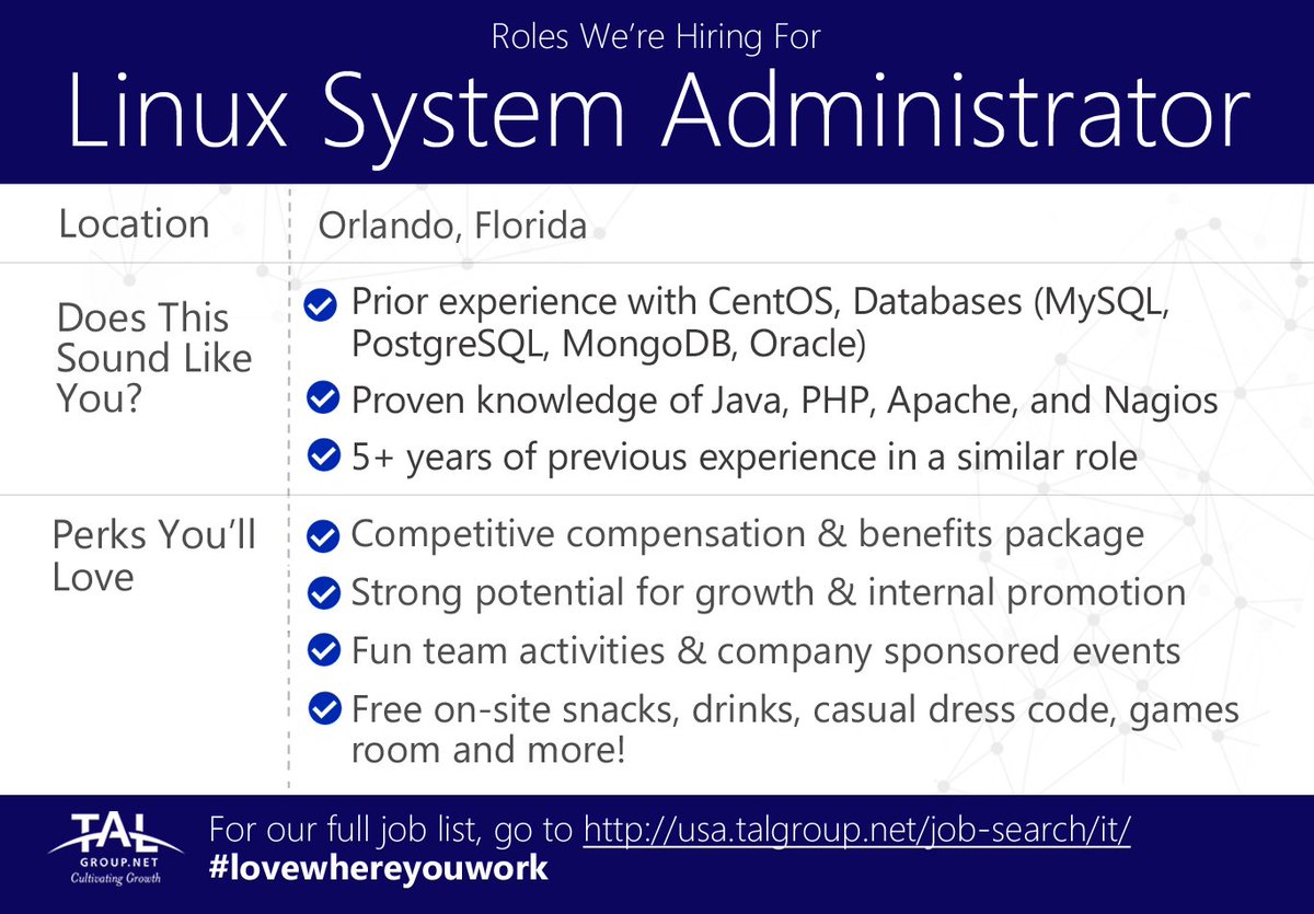 talgroupUSA's tweet image. Hiring Linux System Administrator in Orlando! Enjoy great pay, team events & perks bit.ly/2j79Cub #Hiring #LinuxSystemAdmin #FL
