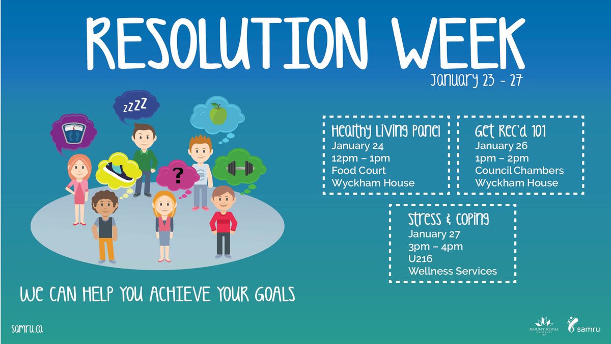 SAMRUBuzz's tweet photo. Round out #ResolutionWeek with a @MRULiveWell drop-in workshop on coping with stress, 3pm - 4pm
in Wellness Services (U216) #SAMRUcares https://t.co/uvWc4bk1BA