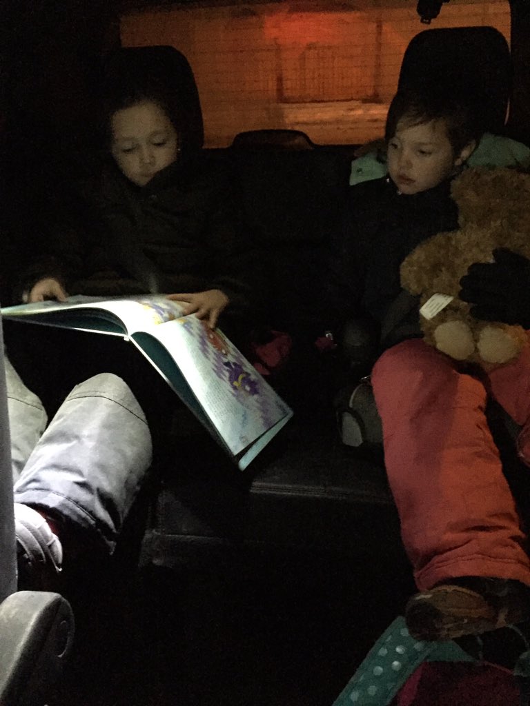 KathleenFShaver's tweet photo. My little R practicing her read aloud on the way to school. Little siblings make good audiences. #readfor15yyc https://t.co/c0ftIHZJMh