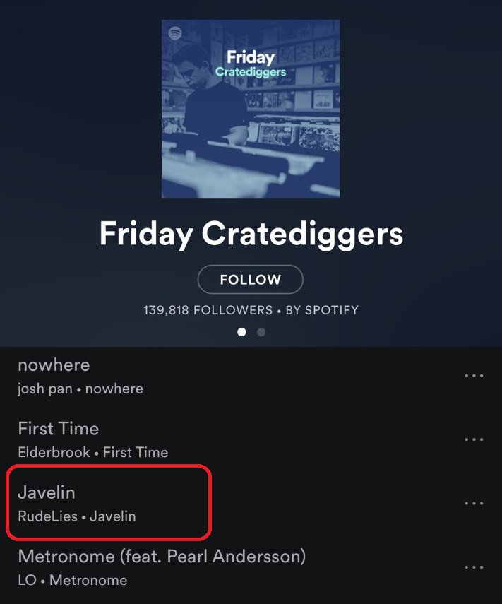 DJShwann's tweet photo. 2 days and 30k+ plays for RudeLies &amp; Shwann - Javelin! Plus a feature on Spotify's Friday Cratediggers Playlist! > https://t.co/A8kv7105Ig https://t.co/zaUBgsezkp