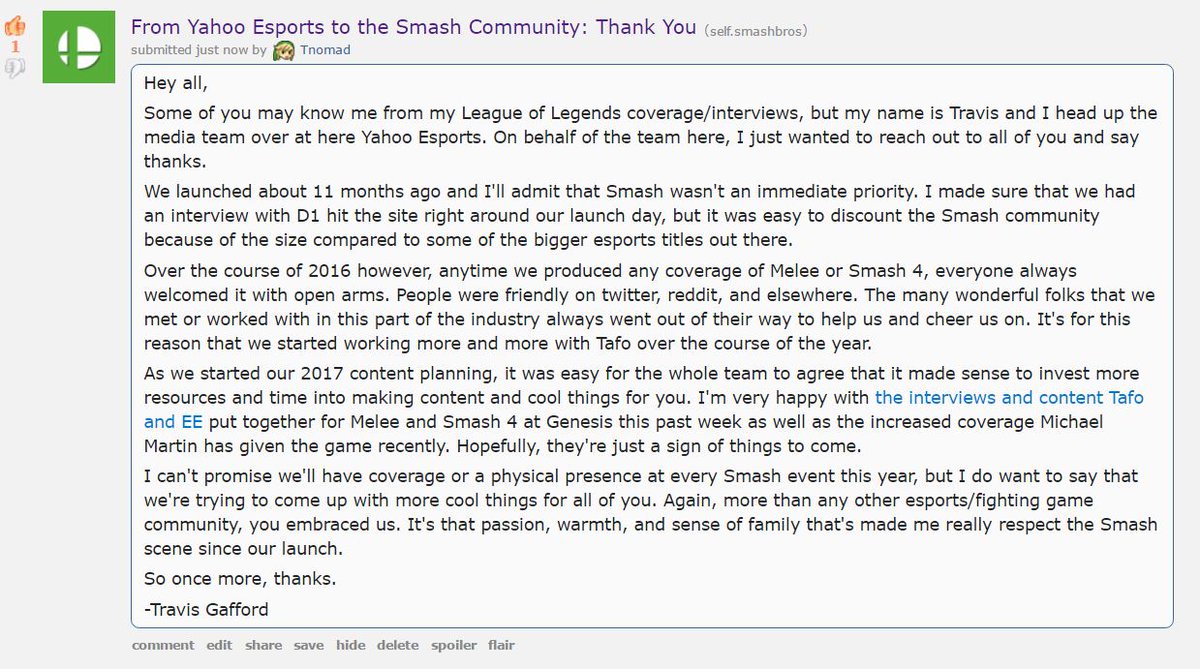 TravisGafford's tweet photo. I posted this on the Smash sub, but wanted to share it here as well. A thanks to the Smash community for being so wonderful this past year. https://t.co/KV1pasrXvf