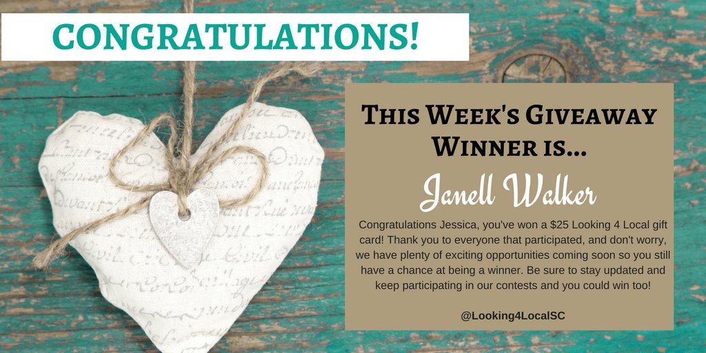 Looking4LocalSC's tweet image. Congratulations Janell Walker on being this week&apos;s #WINNER! #congratulations #giveaway #Sweepstakes #WinnerWinnerChickenDinner