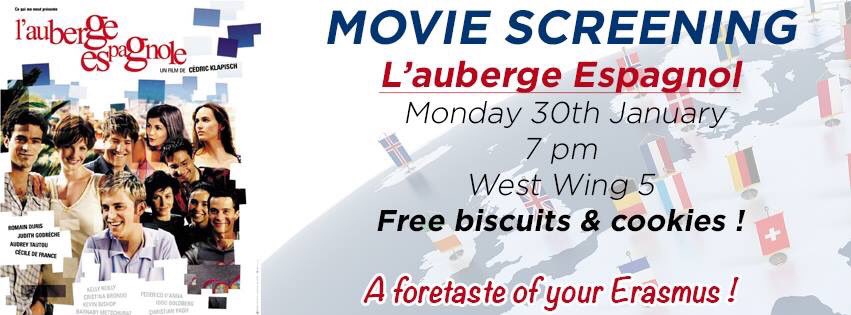 UCCFrenchSoc's tweet photo. Don't forget L'Auberge Espagnole on Monday night at 7pm in WW5! https://t.co/GgUNHeNbSo