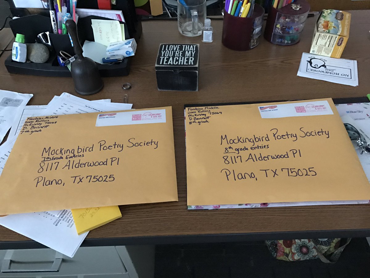 dbennettgt's tweet photo. Off to the post office to send our entries into The Mockingbird Poetry Contest!  77 poets one step away from publication!  #FaubionFamily https://t.co/laVOXwhnzD